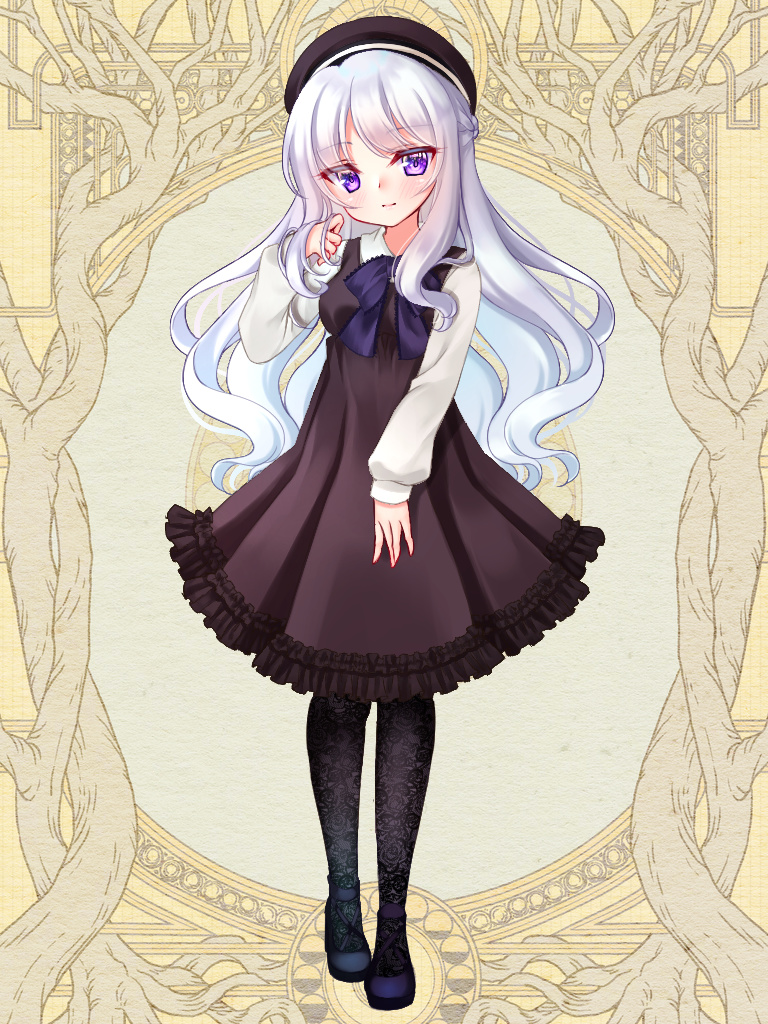 1girl bangs beret black_headwear black_legwear blush bow breasts brown_dress character_request closed_mouth copyright_request dress eyebrows_visible_through_hair frilled_dress frills full_body hat head_tilt long_hair long_sleeves looking_at_viewer mirai_(happy-floral) official_art pantyhose pleated_dress purple_bow purple_footwear shirt shoes silver_hair sleeveless sleeveless_dress sleeves_past_wrists small_breasts smile solo standing very_long_hair violet_eyes white_shirt