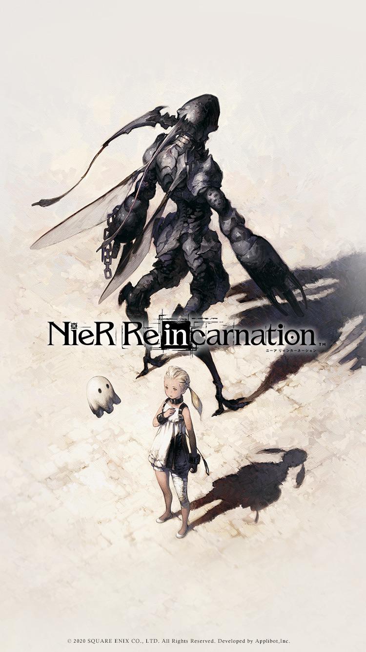 1girl 2others back-to-back bandaged_leg bandages bangs_pinned_back blonde_hair bloomers character_request collar copyright_name cover_image cuffs digitigrade dress fewer_digits flat_chest flats forehead ghost highres insect_wings leash mama_(nier) multiple_others nier_(series) nier_reincarnation official_art shackles shadow size_difference twintails underwear white_bloomers white_dress white_girl wings yoshida_akihiko