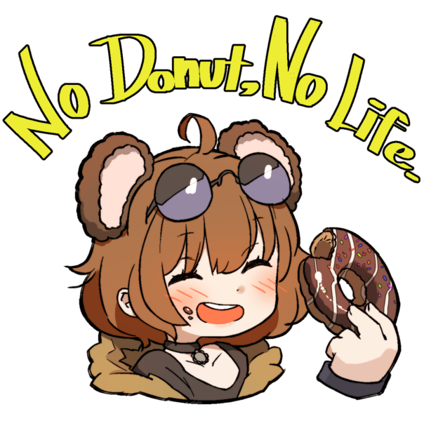 1girl :d ahoge amonitto animal_ears bear_ears black_choker blush brown_hair choker closed_eyes commentary_request doughnut english_text eyewear_on_head food food_in_mouth girls_frontline grizzly_mkv_(girls_frontline) holding holding_food open_mouth short_hair simple_background smile solo sunglasses white_background younger
