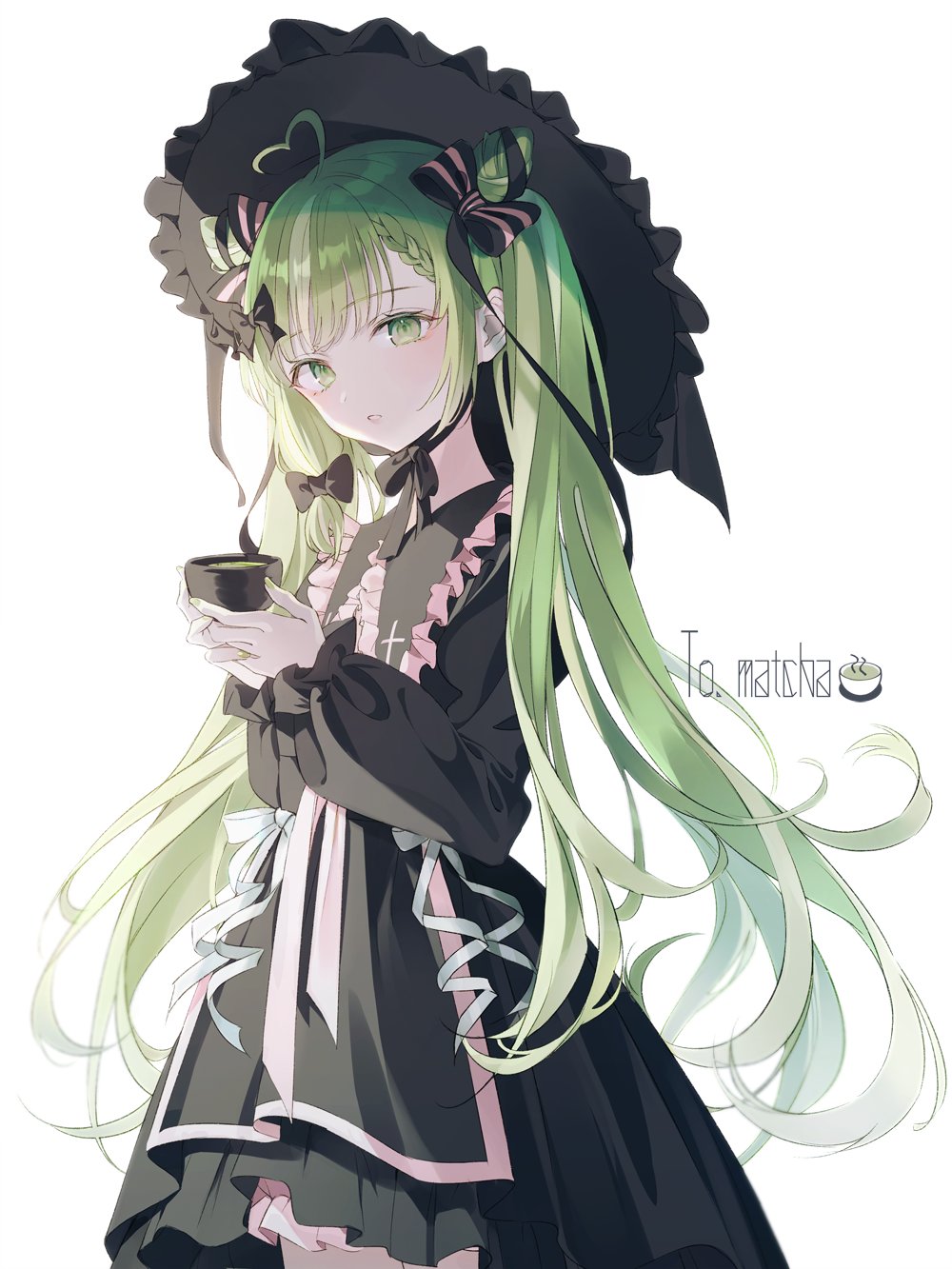 1girl ahoge black_bow black_dress bow braid collar cup double_bun dress frills green_eyes green_hair green_tea hair_bow hat highres holding holding_cup long_hair looking_at_viewer nabi_(uz02) original parted_lips simple_background solo striped striped_bow tea teacup very_long_hair white_background