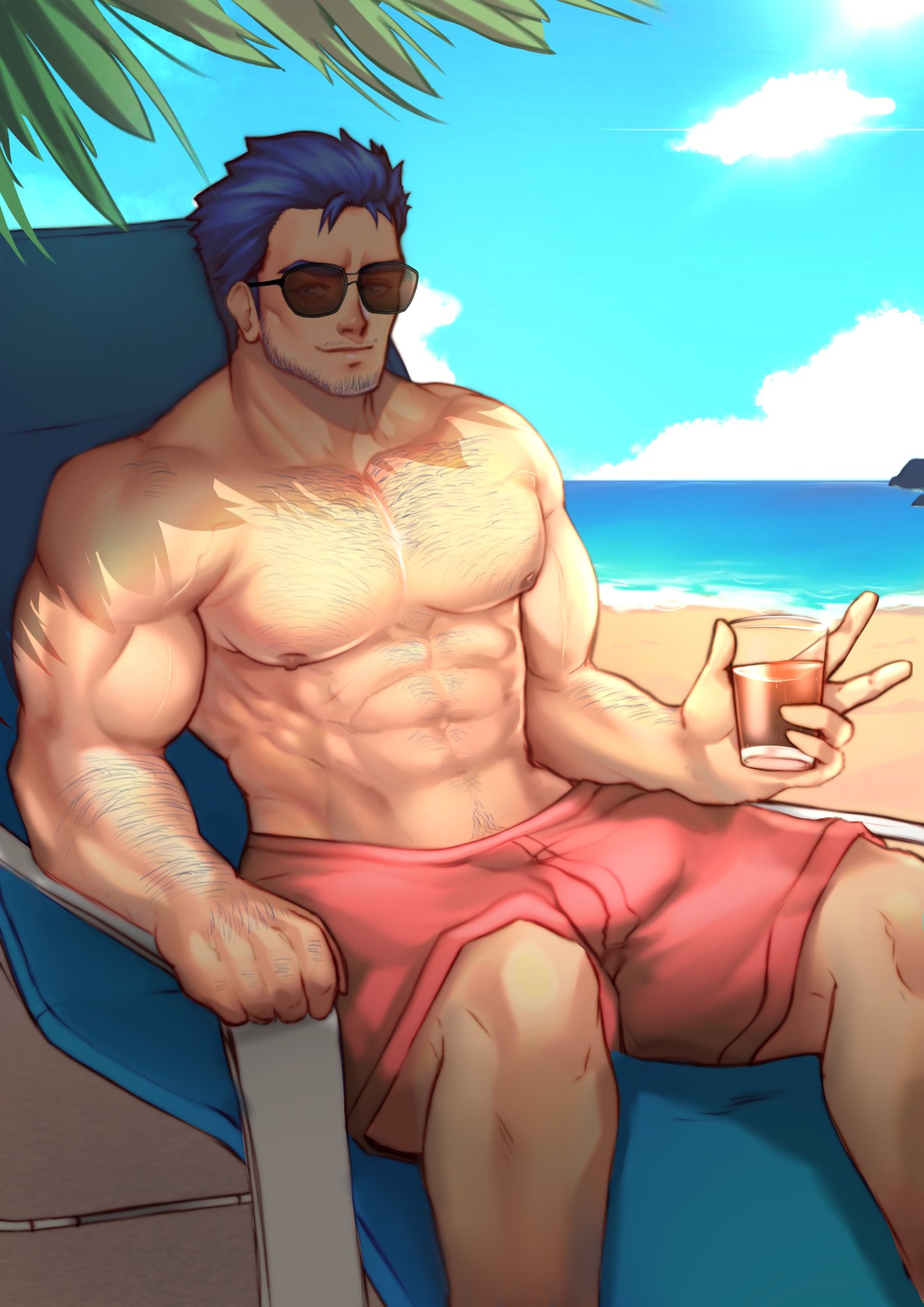 1boy abs art_cerealex bara beach beard blue_eyes blue_hair chest chest_hair cup facial_hair fire_emblem fire_emblem_heroes hector_(fire_emblem) highres looking_at_viewer male_focus male_swimwear manly muscle nipples older pectorals shirtless smile solo summer sunglasses swim_trunks swimwear