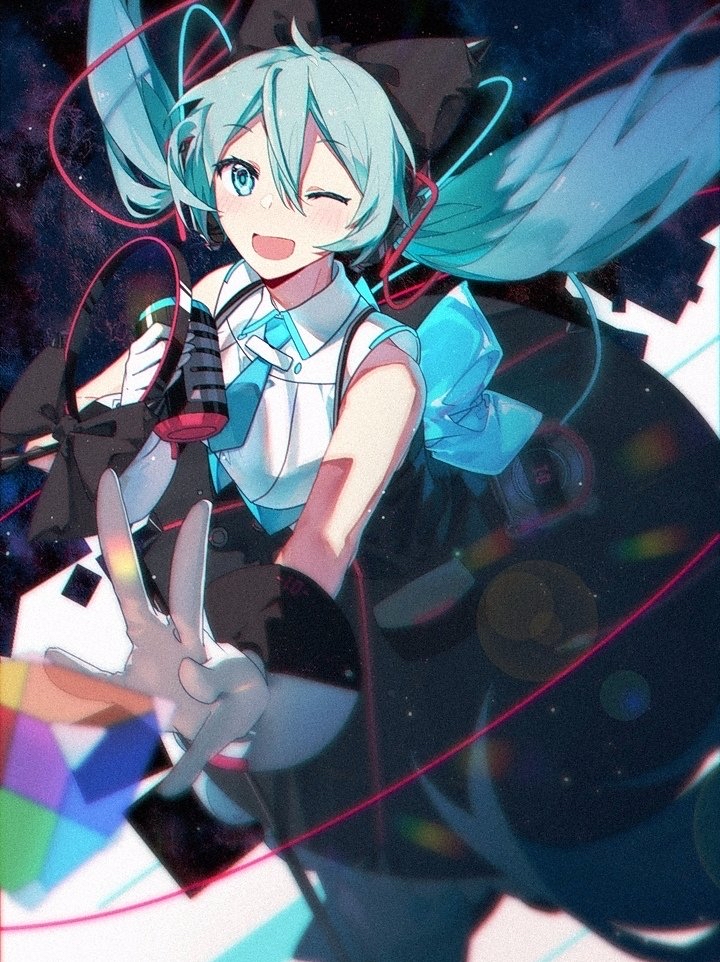 1girl aqua_eyes aqua_hair aqua_neckwear bare_shoulders black_bow black_dress blurry_foreground bow cable cube dress foreshortening framed_breasts from_above gloves hair_bow hair_ornament hatsune_miku headphones hhhhhoi holding holding_microphone hoop_skirt lens_flare long_hair looking_at_viewer magical_mirai_(vocaloid) makuhari-chan microphone necktie one_eye_closed open_mouth short_necktie sleeveless sleeveless_dress smile twintails very_long_hair vocaloid white_gloves