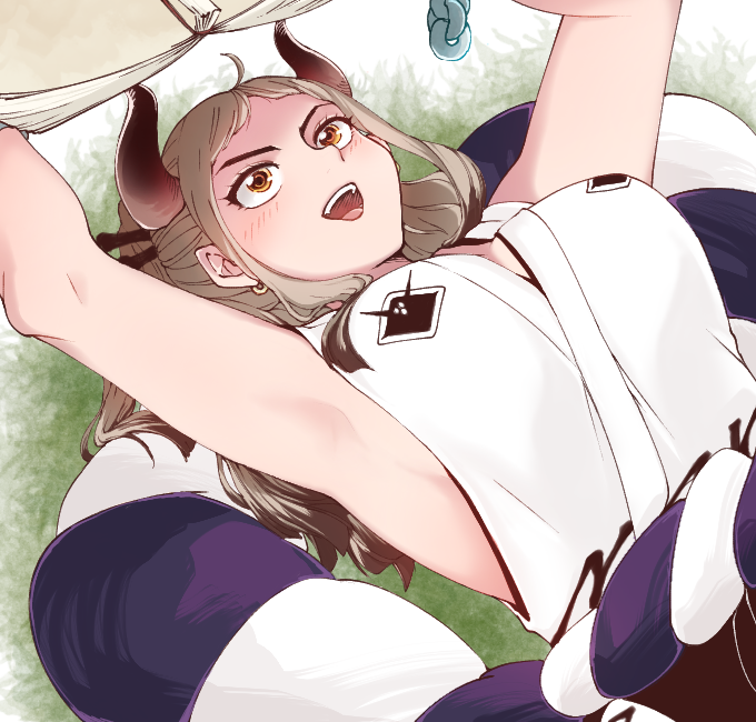 1girl armpits arms_up bare_arms book breasts brown_eyes brown_hair chain commentary_request earrings grass hisame_(83164991) horns japanese_clothes jewelry large_breasts light_brown_hair long_hair looking_up lying multicolored_hair on_back on_grass on_ground one_piece oni open_mouth reading rope shimenawa sideboob sidelocks smile solo two-tone_hair upper_body upper_teeth yamato_(one_piece)