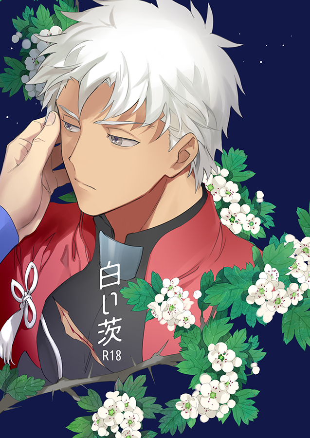 2boys alternate_hairstyle archer bangs branch cover cover_page cu_chulainn_(fate)_(all) dark_skin dark_skinned_male doujin_cover doujinshi emya expressionless fate/grand_order fate/stay_night fate_(series) flower grey_eyes hand_on_another's_face lancer male_focus multiple_boys short_hair solo_focus tight white_hair
