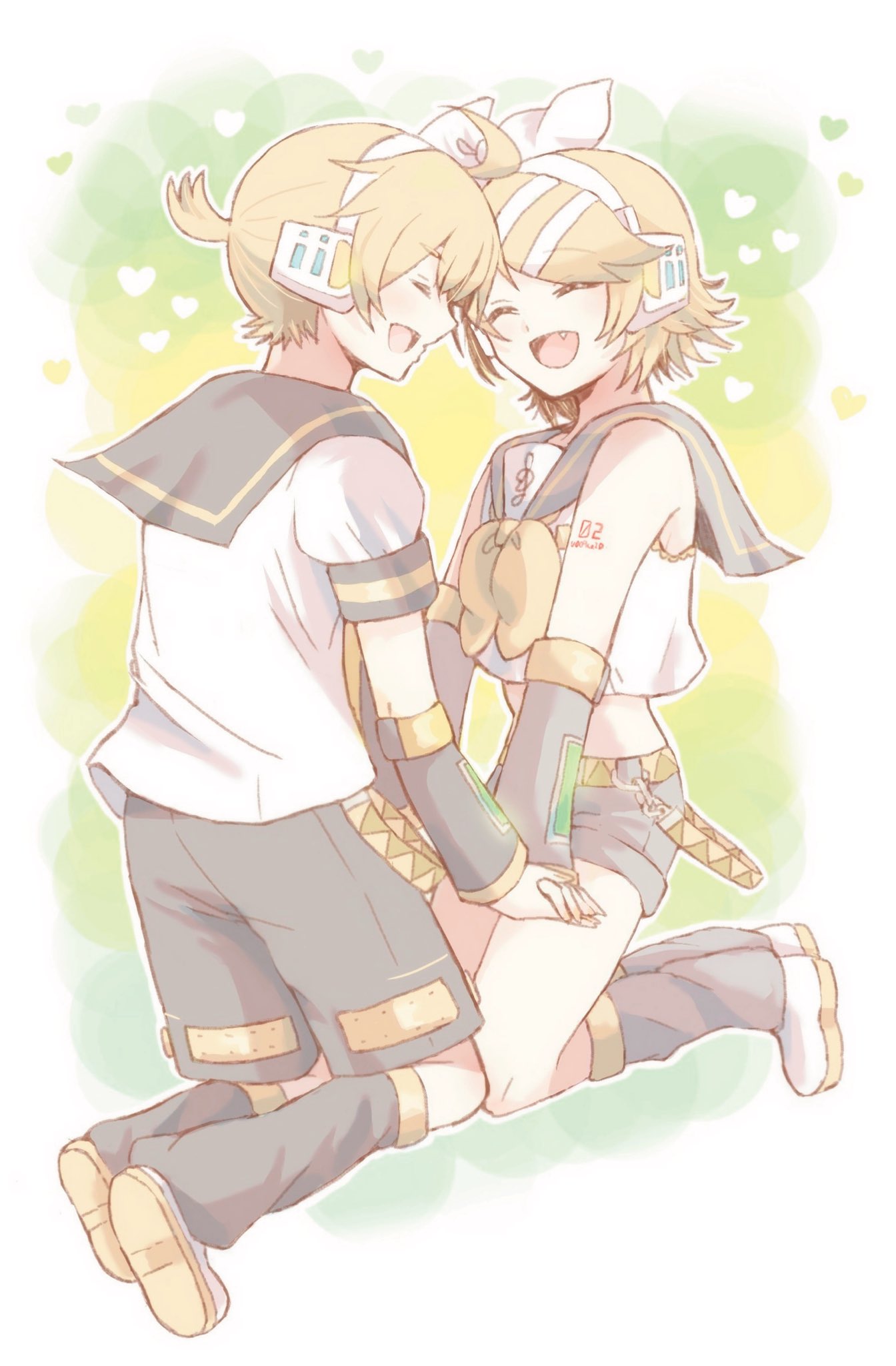 1boy 1girl arm_warmers bangs bare_shoulders black_collar black_shorts black_sleeves blonde_hair bow closed_eyes collar crop_top fang forehead-to-forehead hair_bow hair_ornament hairclip headphones heart highres holding_hands kagamine_len kagamine_rin leg_warmers legs_up maichi_(yumesirororo) neckerchief necktie open_mouth sailor_collar school_uniform shirt short_hair short_ponytail short_shorts short_sleeves shorts shoulder_tattoo sleeveless sleeveless_shirt smile spiky_hair swept_bangs tattoo treble_clef vocaloid white_bow white_shirt yellow_neckwear