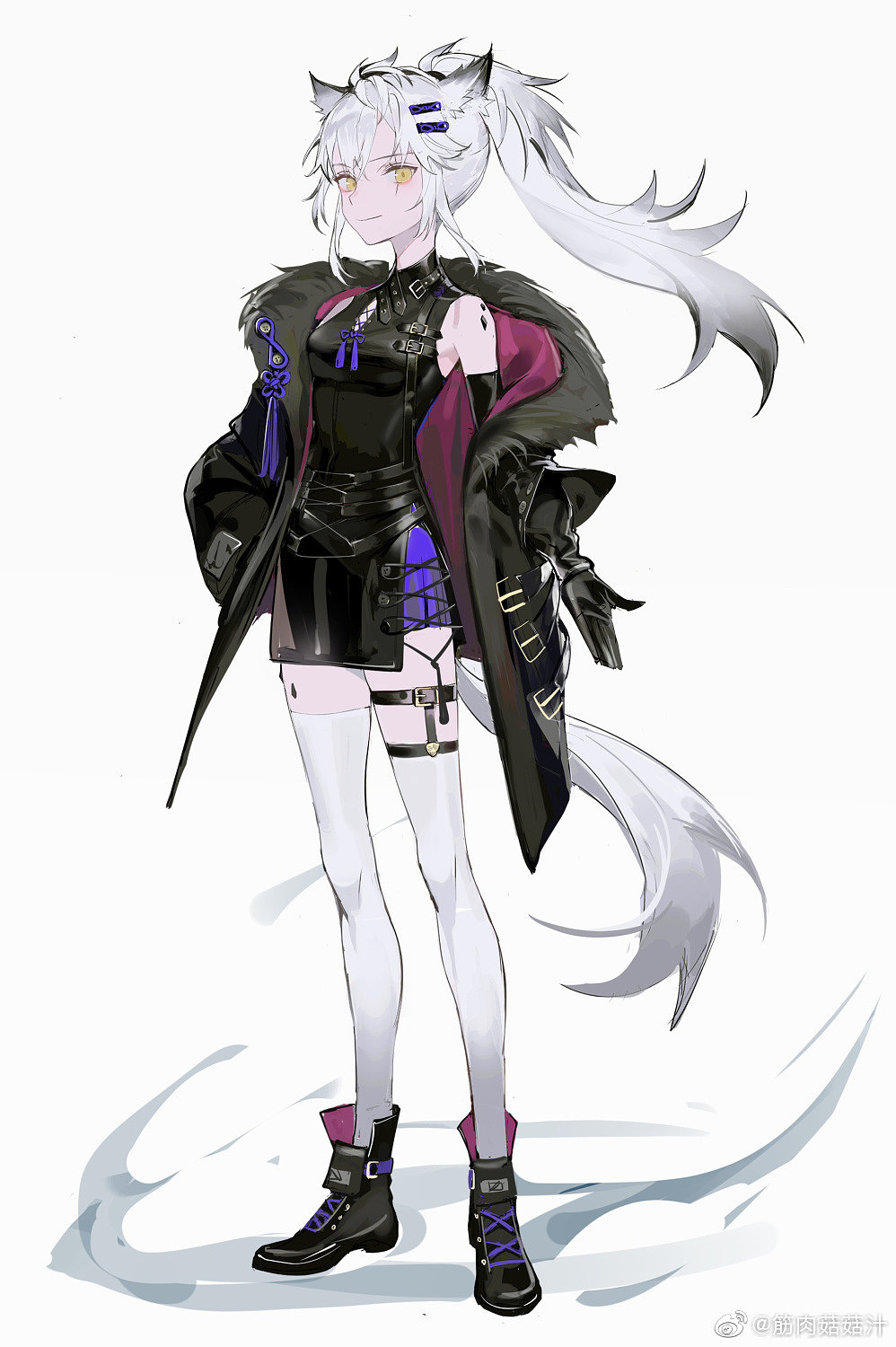 1girl alternate_costume animal_ears arknights black_dress black_footwear black_gloves black_jacket closed_mouth dress elbow_gloves floating_hair full_body fur-trimmed_jacket fur_trim gloves grey_hair hair_ornament hairclip hand_in_pocket highres jacket jinrouguguzhi lappland_(arknights) long_hair long_sleeves looking_at_viewer off_shoulder open_clothes open_jacket oripathy_lesion_(arknights) ponytail purple_ribbon purple_skirt ribbon scar scar_across_eye shoes simple_background skirt sleeveless sleeveless_dress smile solo standing tail tassel thigh-highs third-party_source weibo_logo weibo_username white_background white_thighhighs wolf_ears wolf_girl wolf_tail yellow_eyes