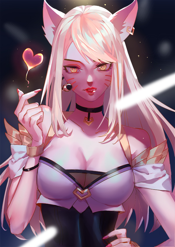 1girl ahri animal_ears blonde_hair breasts choker dark earrings fox_ears fox_girl heart heart_earrings jewelry k/da_(league_of_legends) k/da_ahri league_of_legends lengyou lipstick long_hair looking_at_viewer makeup nail_polish solo tongue tongue_out whisker_markings yellow_eyes