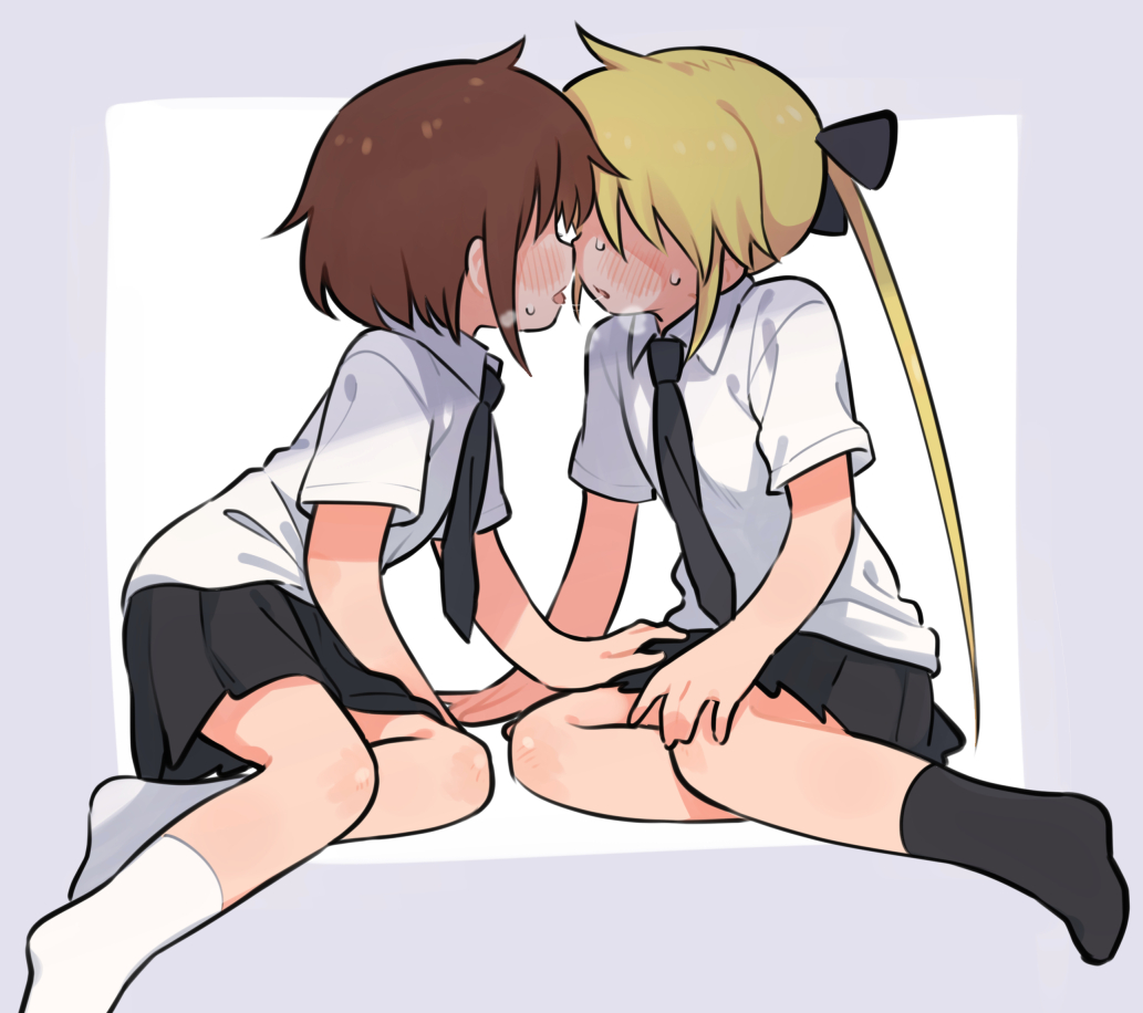 2girls after_kiss blonde_hair blush bow brown_hair commentary faceless faceless_female hair_bow kill_me_baby long_hair meis_(terameisu) multiple_girls necktie oribe_yasuna saliva saliva_trail school_uniform short_hair simple_background sitting sonya_(kill_me_baby) sweat twintails yokozuwari yuri