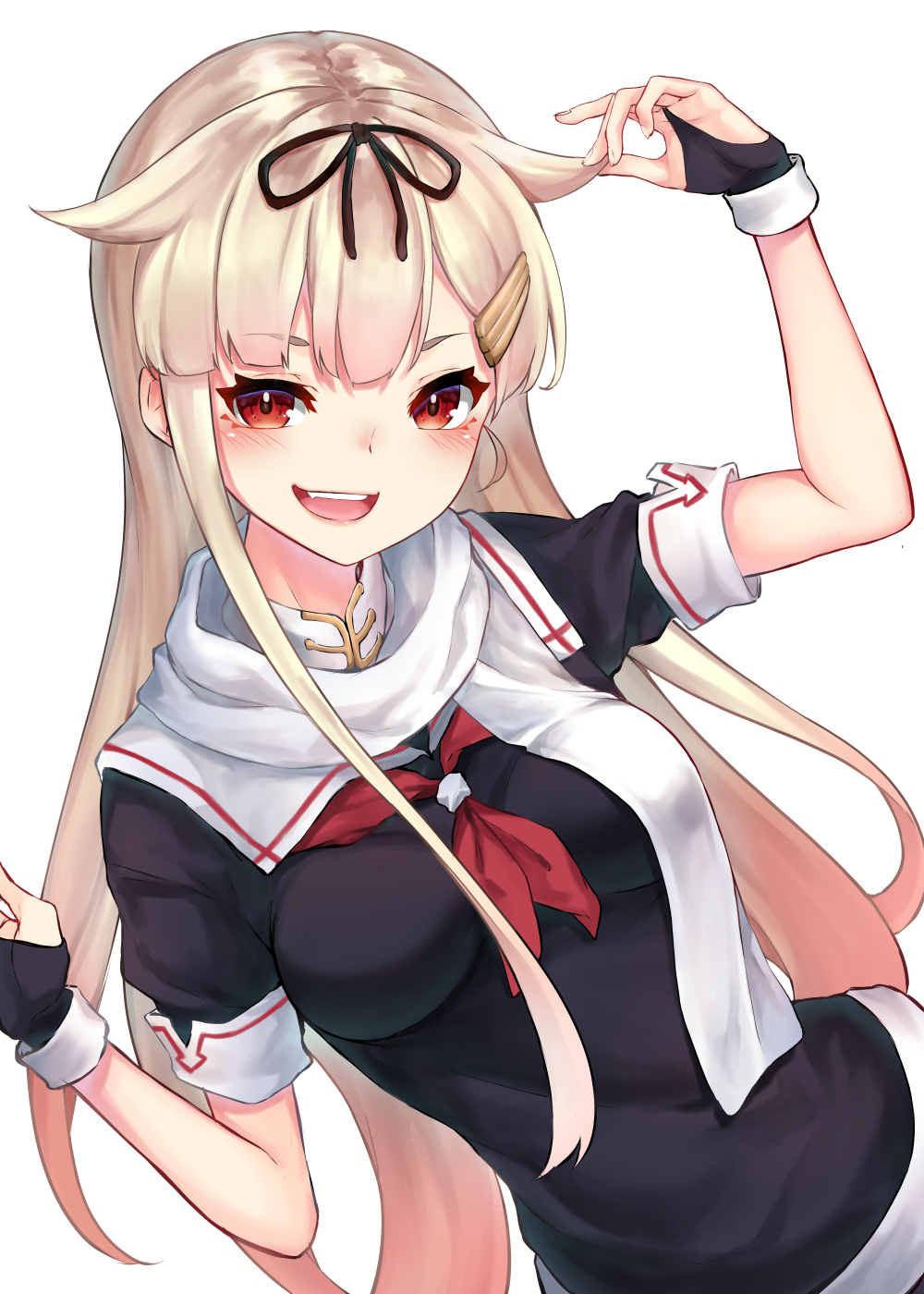 1girl black_ribbon black_serafuku blonde_hair commentary_request hair_flaps hair_ornament hair_ribbon hairclip highres kamidanomi kantai_collection long_hair looking_at_viewer neckerchief red_eyes red_neckwear remodel_(kantai_collection) ribbon sailor_collar scarf school_uniform serafuku simple_background solo upper_body white_background white_sailor_collar white_scarf yuudachi_(kantai_collection)