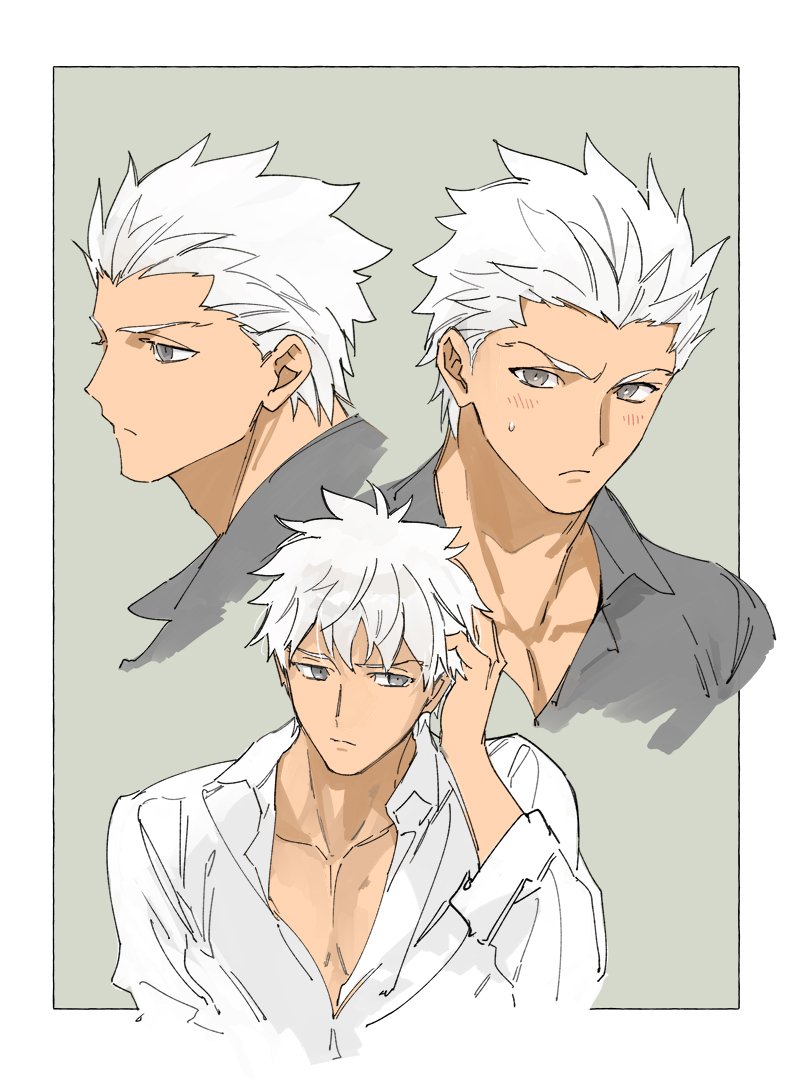 1boy alternate_hairstyle archer bangs blush chest collage cropped_shoulders dark_skin dark_skinned_male emya fate/grand_order fate/stay_night fate_(series) grey_eyes male_focus multiple_views open_mouth pectorals short_hair spiky_hair sweatdrop white_hair