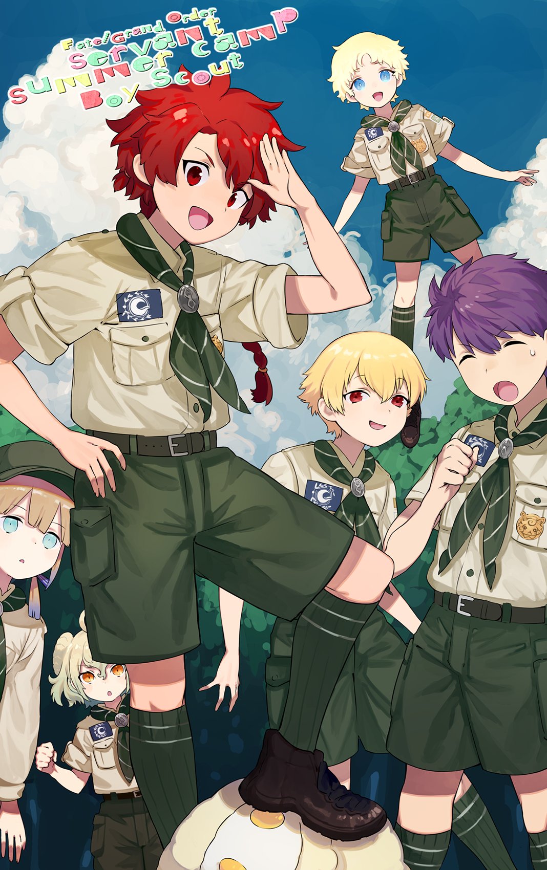 alexander_(fate/grand_order) apollo_(fate) belt blonde_hair braid captain_nemo_(fate/grand_order) child_gilgamesh clouds fate/grand_order fate_(series) fergus_mac_roich_(young)_(fate/grand_order) flying forest gradient_hair hat highres male_focus multicolored_hair nature paris_(fate/grand_order) purple_hair redhead salute shorts stepped_on tetsu_(teppei) voyager_(fate/requiem)