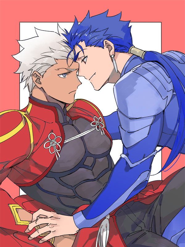 2boys archer blue_hair chest couple cu_chulainn_(fate)_(all) dark_skin dark_skinned_male earrings emya eye_contact fate/grand_order fate/stay_night fate_(series) grey_eyes hand_on_another's_arm head_to_head jewelry lancer looking_at_another male_focus multiple_boys muscle red_eyes short_hair simple_background white_hair yaoi