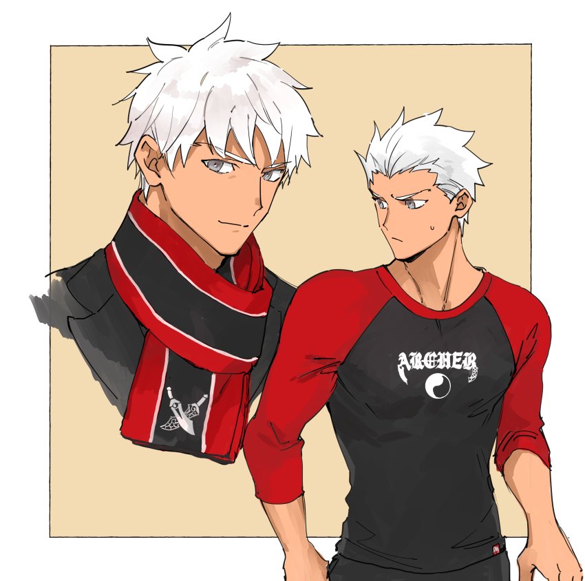 1boy alternate_costume alternate_hairstyle archer bangs chest cropped_shoulders dark_skin dark_skinned_male emya fate/grand_order fate/stay_night fate_(series) grey_eyes male_focus scarf short_hair spiky_hair sweatdrop white_hair