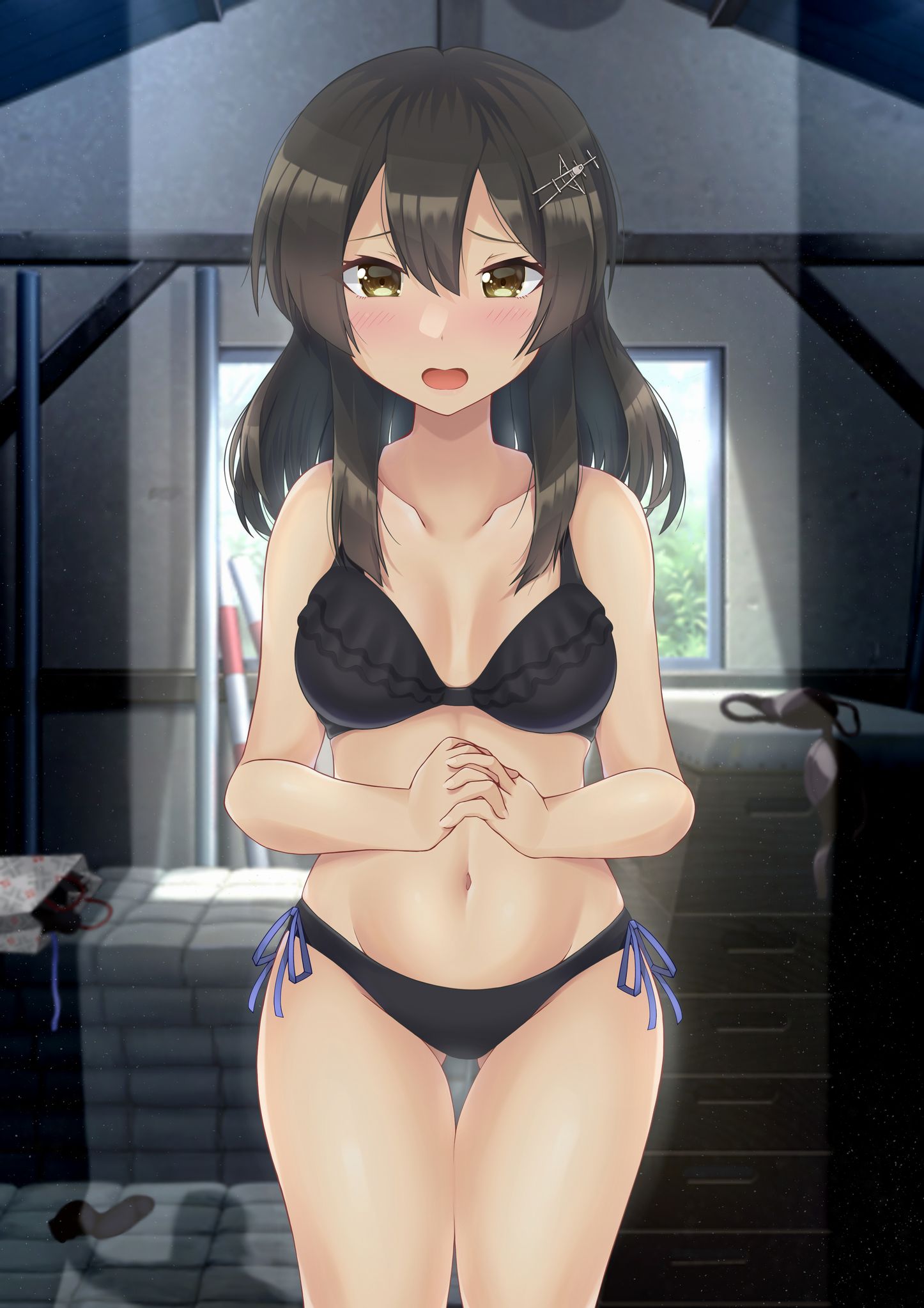 1girl bikini black_bikini black_hair breasts frilled_bikini frills grey_eyes hair_ornament hairclip hands_clasped highres kantai_collection looking_at_viewer medium_breasts open_mouth otobi own_hands_together oyashio_(kantai_collection) side-tie_bikini solo standing storage_room swimsuit thigh_gap vaulting_horse window