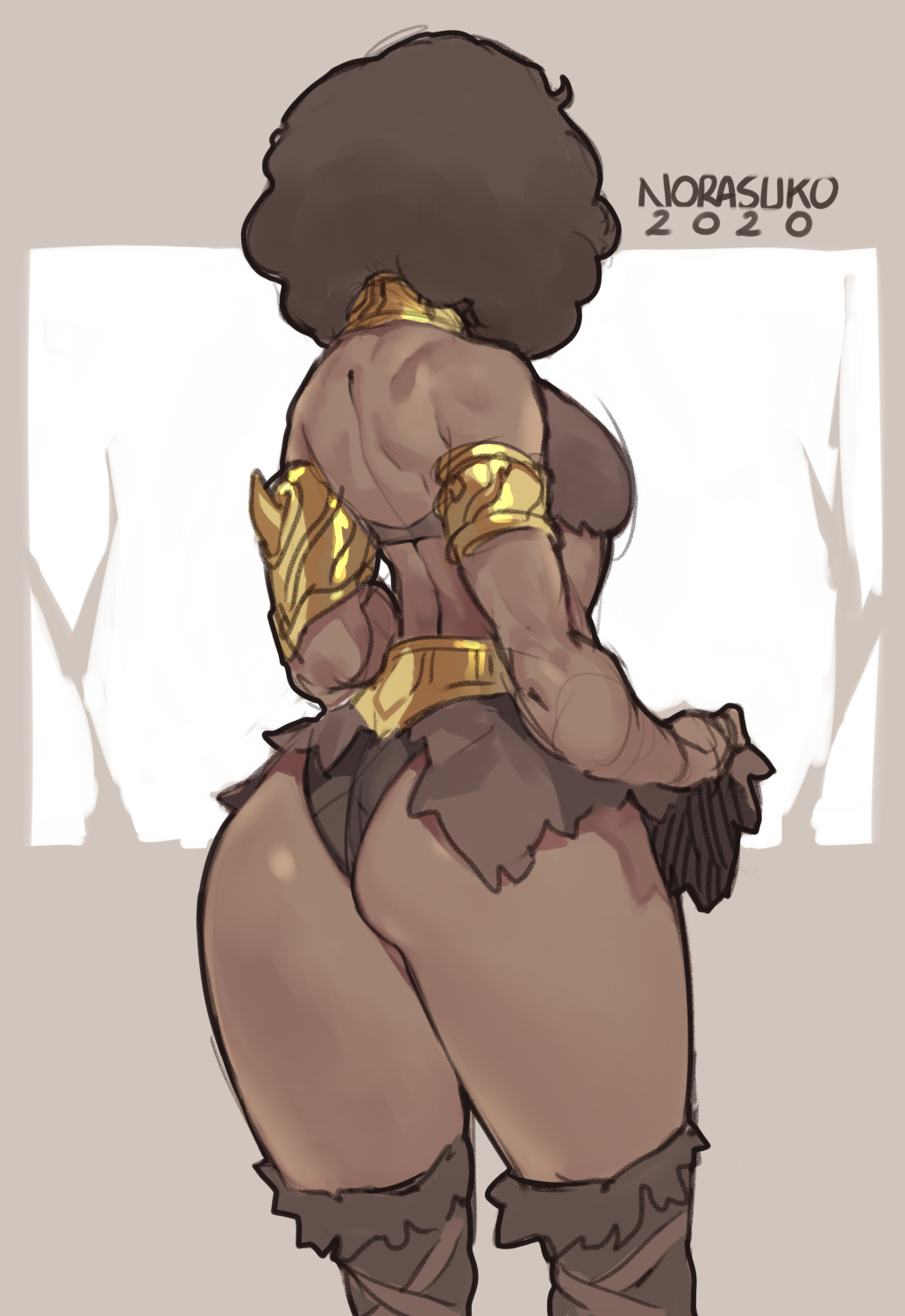 1girl 2020 afro armband armor ass back bare_shoulders bikini_armor black_hair breasts commentary cowboy_shot dark_skin diana_the_acrobat dungeons_and_dragons english_commentary flat_ass from_behind gorget highres loincloth norasuko older over-kneehighs sketch small_breasts solo thick_thighs thigh-highs thighs toned very_dark_skin wide_hips