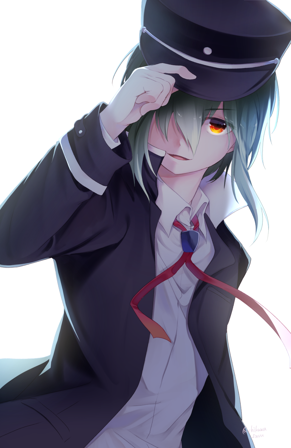 1boy angel_beats! black_headwear black_jacket chikuwa_savi commentary_request green_hair hair_over_one_eye hand_on_headwear highres jacket long_sleeves looking_at_viewer medium_hair naoi_ayato neck_ribbon open_clothes open_jacket orange_eyes parted_lips red_ribbon ribbon school_uniform shirt simple_background solo upper_body white_background white_shirt wing_collar