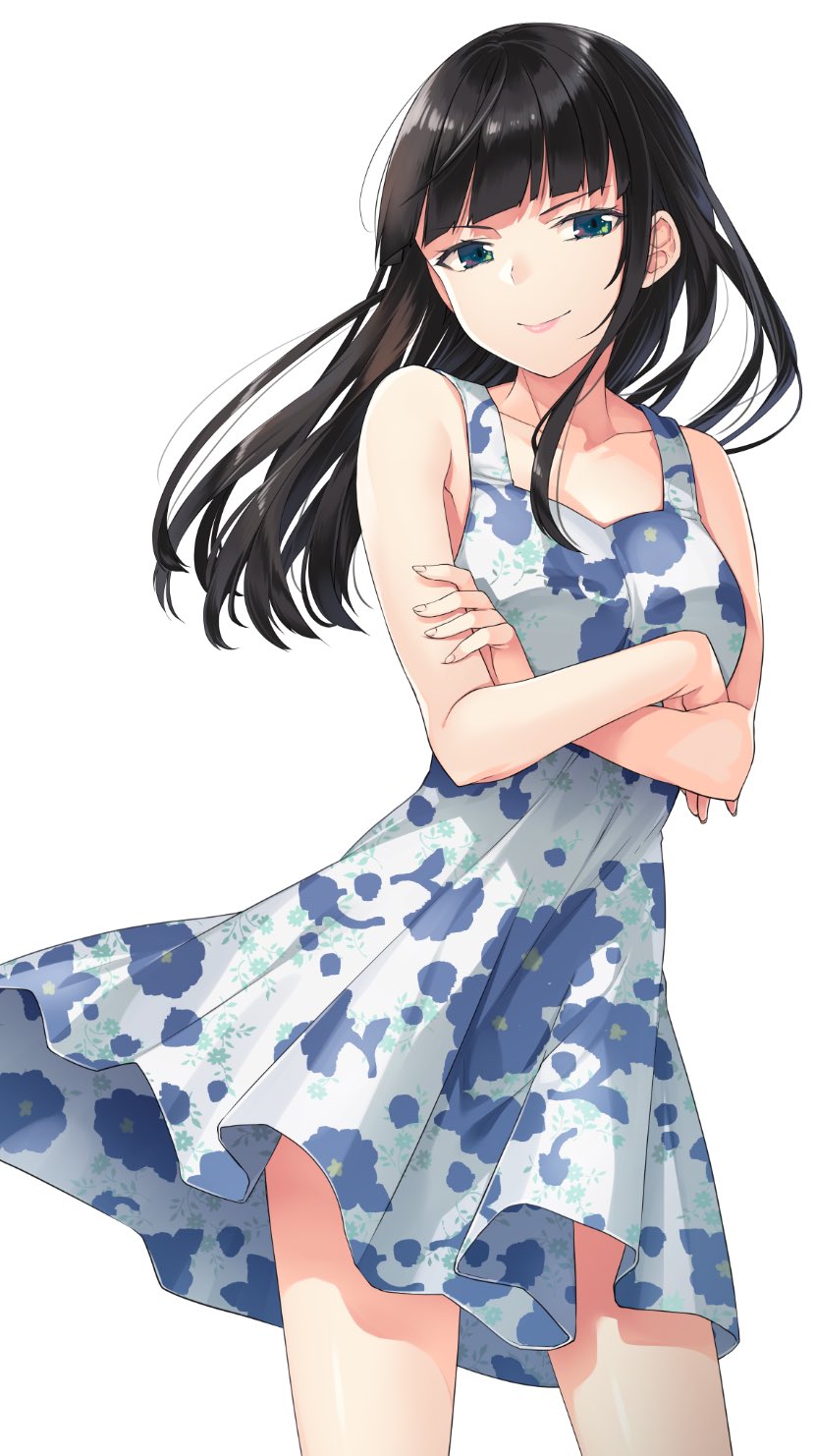 &gt;:) 1girl armpit_peek bangs bare_arms bare_thighs black_hair blue_dress blunt_bangs breasts closed_mouth collarbone cowboy_shot crossed_arms dress eyelashes fingernails floating_hair floral_print green_eyes half-closed_eyes hashibami_yuki highres lips long_hair looking_to_the_side mahouka_koukou_no_rettousei medium_breasts pleated_dress print_dress shiny shiny_hair sidelocks simple_background sleeveless sleeveless_dress smile solo standing straight_hair v-shaped_eyebrows white_background wind wind_lift yu_yu