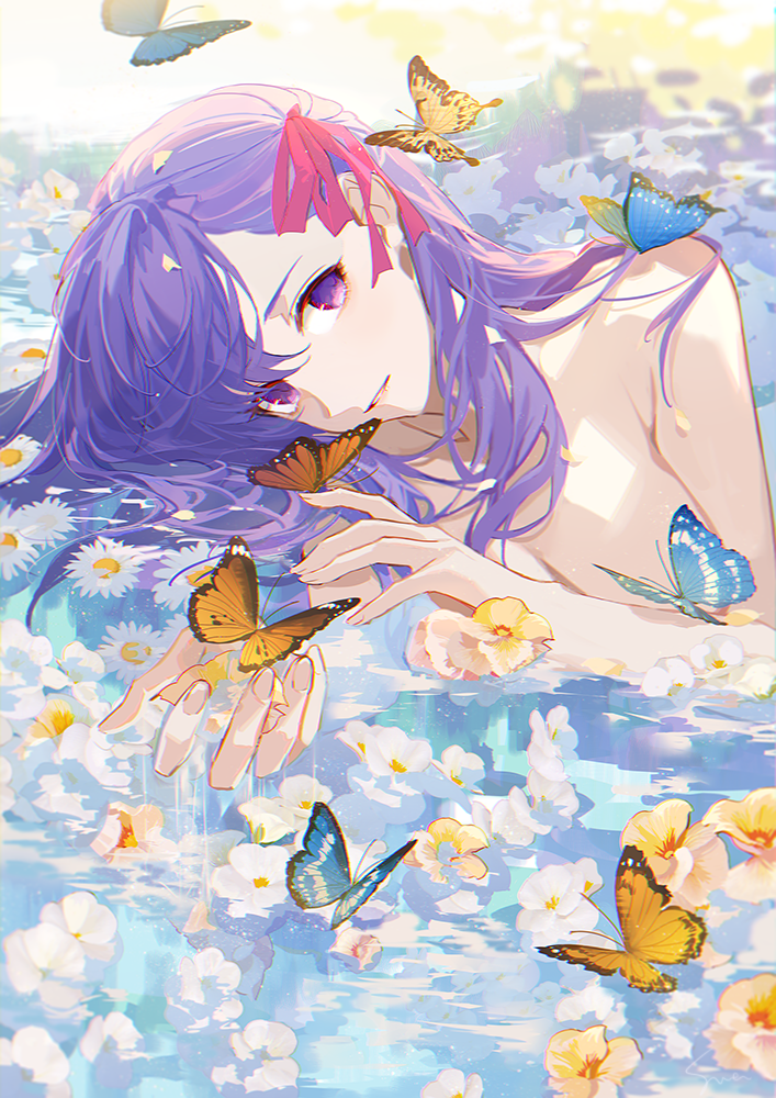 1girl bangs blue_butterfly breasts bug butterfly fate/stay_night fate_(series) floral_background flower hair_ribbon heaven's_feel insect light long_hair looking_at_viewer matou_sakura no_bra orange_butterfly partially_submerged petals purple_hair red_ribbon ribbon satsuya smile solo violet_eyes water wet wet_hair white_flower