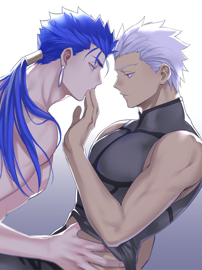 2boys archer bare_shoulders blue_hair chest couple cover cover_page cu_chulainn_(fate)_(all) dark_skin dark_skinned_male doujin_cover doujinshi earrings emya fate/grand_order fate/stay_night fate_(series) fingers_on_another's_face grey_eyes jewelry lancer long_hair male_focus multiple_boys muscle pectorals ponytail red_eyes shirtless short_hair sleeveless textless undressing_another white_hair yaoi