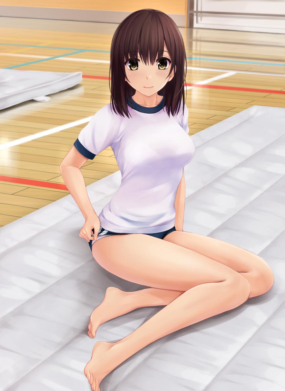 1girl bangs barefoot blue_buruma brown_eyes brown_hair buruma gym gym_shirt gym_uniform highres legs medium_hair nonaka_ritsu original shirt short_hair short_sleeves sitting smile solo sportswear touka_(nonaka_ritsu)