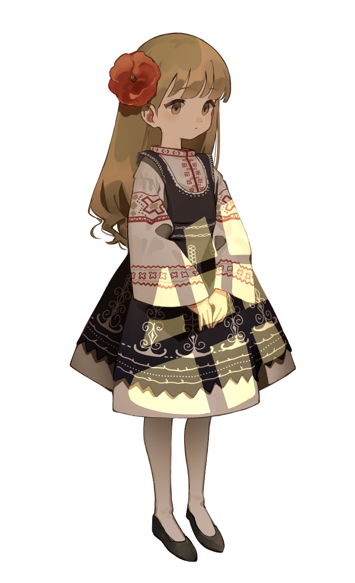 1girl bangs brown_eyes brown_hair curly_hair dress embroidery flats flower full_body hair_flower hair_ornament long_hair long_sleeves looking_away original pinafore_dress red_flower shio_(s_alt_shio) simple_background solo standing straight_hair white_background window_shade