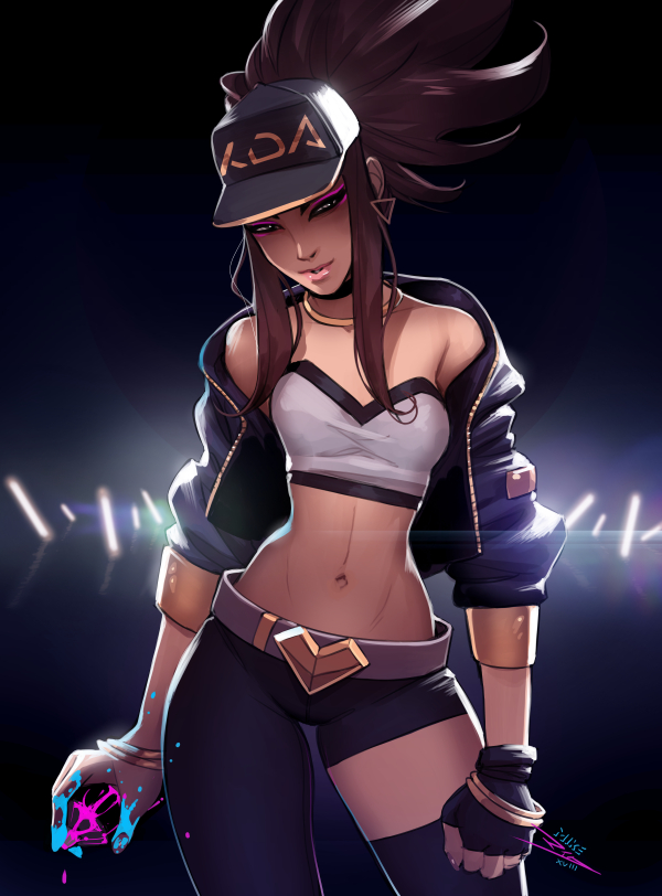 1girl akali asymmetrical_clothes belt brown_hair choker cropped_jacket earrings fingerless_gloves gloves hat idol jacket jewelry k/da_(league_of_legends) k/da_akali league_of_legends looking_at_viewer necklace open_clothes open_jacket ponytail single_pantsleg single_thighhigh solo spray_can thigh-highs toned vashperado
