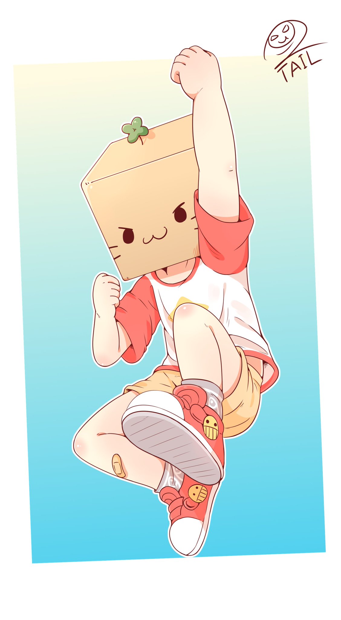 1boy arms_up artist_request bag bandages cat_cutout child clover commentary faceless faceless_male four-leaf_clover highres image_sample jumping legs male_focus original shorts simple_background socks twitter_sample uwu