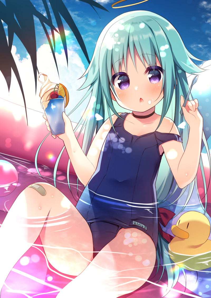 1girl :&lt; bandaid bandaid_on_knee bangs bare_arms bare_shoulders blue_hair blue_swimsuit blush bow cherry commentary_request cup day drinking_glass eyebrows_visible_through_hair food fruit hair_bow halo hanamiya_natsuka hands_up holding holding_cup holding_spoon ice_cream innertube knee_up long_hair old_school_swimsuit one-piece_swimsuit original outdoors parted_lips red_bow rubber_duck school_swimsuit shallow_water sitting soft_serve solo spoon strap_slip swimsuit triangle_mouth very_long_hair violet_eyes wading_pool water