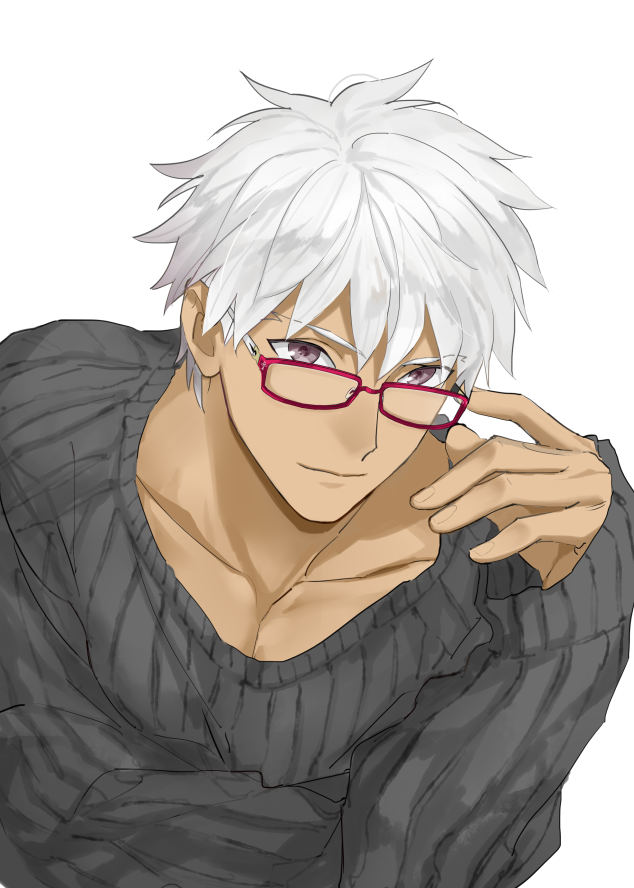 1boy adjusting_eyewear alternate_costume alternate_hairstyle archer bangs chest dark_skin dark_skinned_male emya fate/grand_order fate/stay_night fate_(series) glasses grey_eyes male_focus muscle pectorals short_hair sweater white_background white_hair