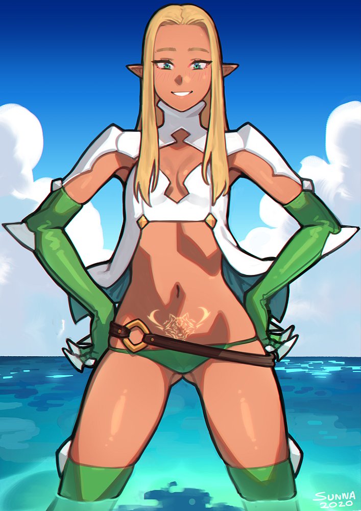 1girl belt blonde_hair blue_sky breasts clouds cloudy_sky dark_skin elbow_gloves elf gloves green_eyes green_gloves green_legwear green_panties long_hair navel original panties partially_submerged pointy_ears pubic_tattoo sky small_breasts smile solo sunna_(nilsunna) tattoo teeth thigh-highs underwear water