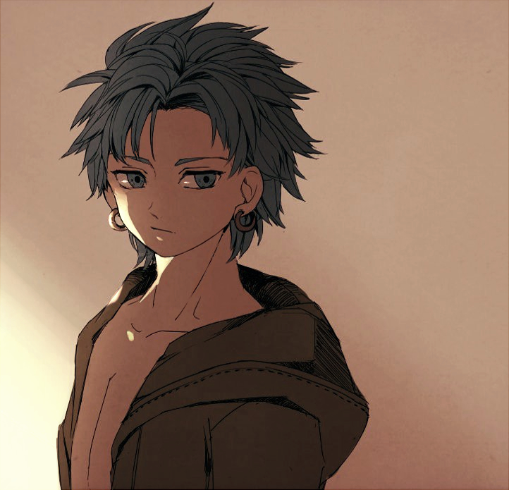 1boy blue_eyes blue_hair brown_background camus_(dq11) closed_mouth dragon_quest dragon_quest_xi earrings from_side hood hood_down hooded_jacket jacket jewelry looking_away mahoshiki male_focus open_clothes sideways_glance solo upper_body