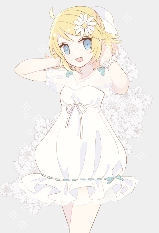 1girl adjusting_hair arms_behind_head blonde_hair blue_eyes cowboy_shot daisy dress fairy_dress_(module) floral_background flower flower_bracelet frilled_dress frills grey_background hair_flower hair_ornament hands_up kagamine_rin looking_at_viewer open_mouth project_diva_(series) short_hair smile solo vocaloid white_dress yoshiki