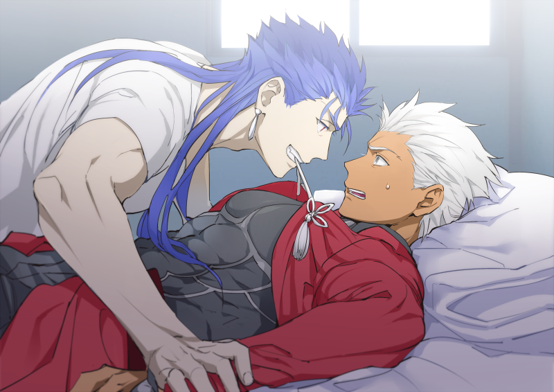 2boys alternate_costume archer blue_hair casual chest couple cu_chulainn_(fate)_(all) dark_skin dark_skinned_male earrings emya eye_contact fate/grand_order fate/stay_night fate_(series) grey_eyes hand_on_another's_arm jewelry lancer looking_at_another male_focus multiple_boys muscle red_eyes short_hair sweatdrop undressing_another white_hair yaoi