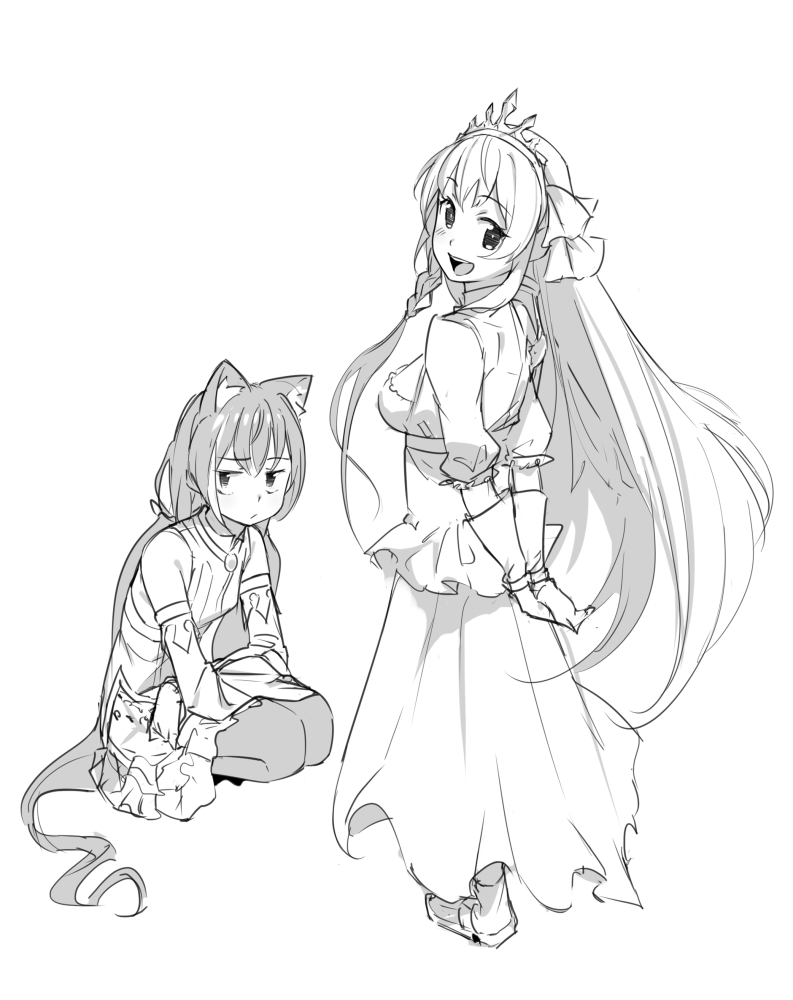2girls :d animal_ear_fluff animal_ears arms_behind_back bangs blush braid breasts cat_ears closed_mouth detached_sleeves dress eyebrows_visible_through_hair frilled_skirt frills gloves greyscale hair_ribbon karyl_(princess_connect!) long_hair long_sleeves looking_at_viewer looking_back medium_breasts monochrome multiple_girls open_mouth pecorine princess_connect! princess_connect!_re:dive puffy_short_sleeves puffy_sleeves ribbon saiste shirt short_sleeves simple_background skirt sleeveless sleeveless_shirt smile squatting standing thigh-highs tiara very_long_hair white_background wide_sleeves