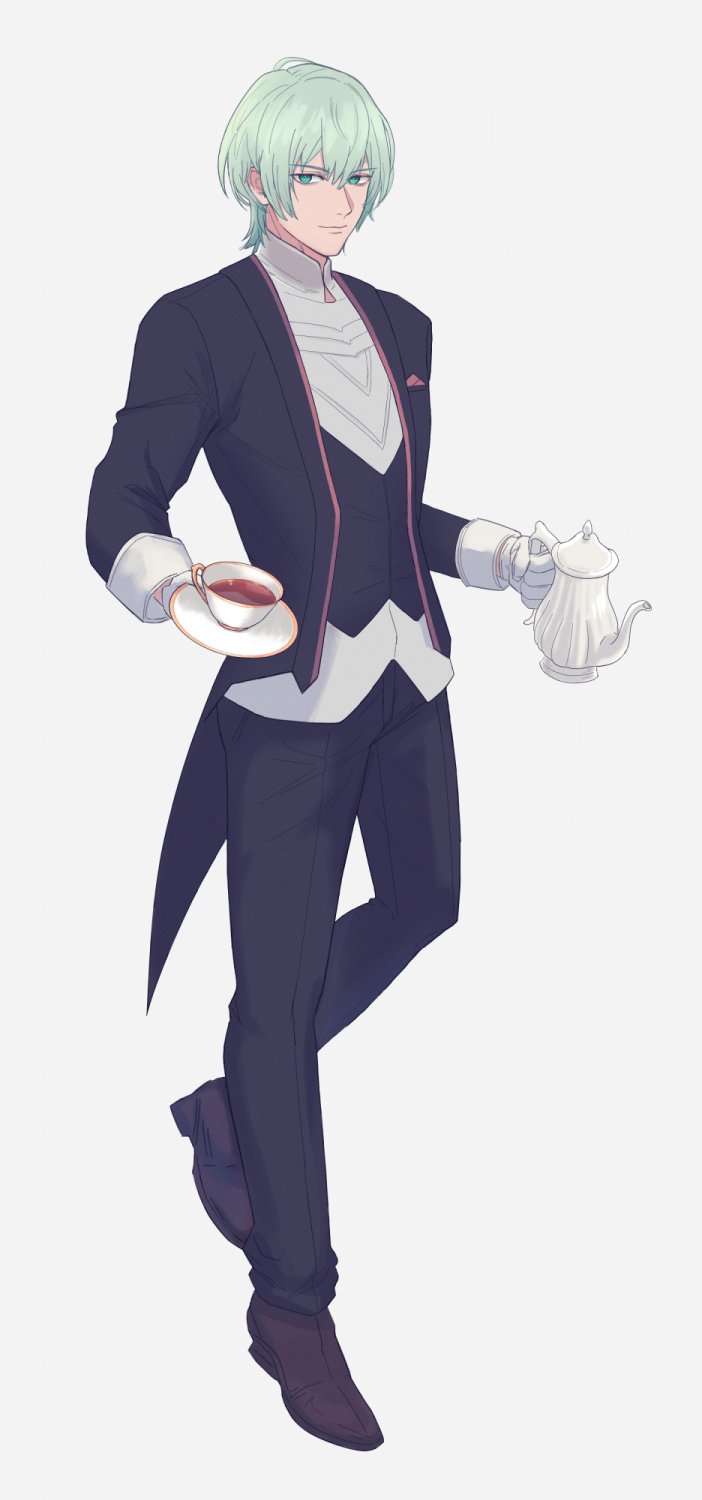 1boy adz_lrp butler byleth_(fire_emblem) byleth_eisner_(male) closed_mouth cup fire_emblem fire_emblem:_three_houses full_body gloves green_eyes green_hair highres holding long_sleeves male_focus short_hair simple_background solo teacup white_gloves