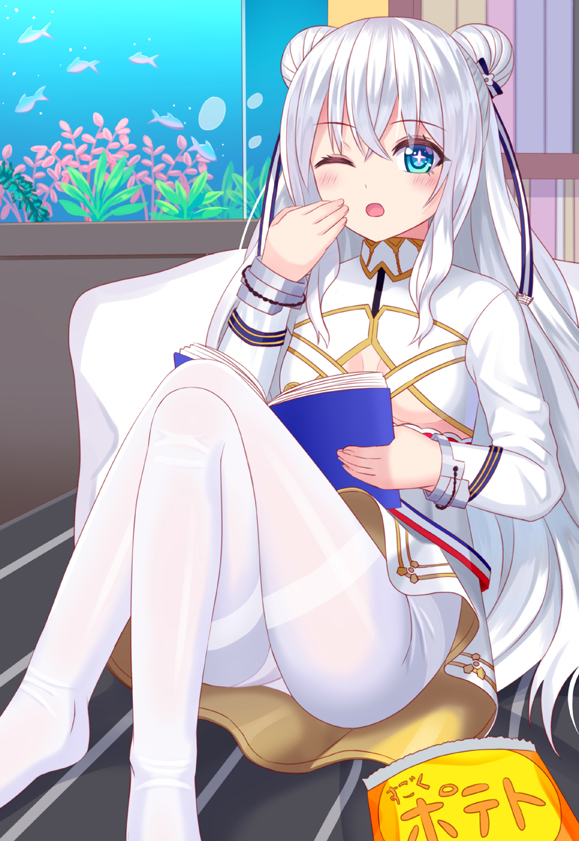 +_+ 1girl ;o air_bubble ass azur_lane bangs bed blue_eyes blush book breasts bubble chips commentary_request crossed_legs double_bun dress eyebrows_visible_through_hair fish fish_tank food glass hair_between_eyes hair_ribbon hand_up holding holding_book knees_up le_malin_(azur_lane) long_hair long_sleeves looking_at_viewer no_shoes on_bed one_eye_closed pantyhose plant potato_chips ribbon sidelocks silver_hair sitting small_breasts solo symbol-shaped_pupils thighband_pantyhose tsukino_neru under_boob underboob_cutout very_long_hair water white_dress white_legwear yawning