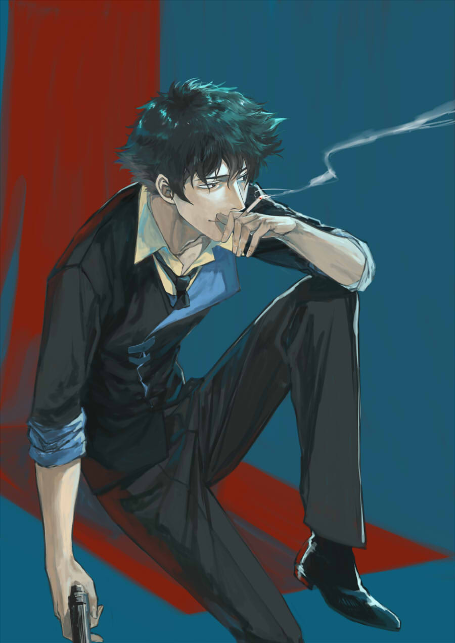 adam's_apple black_footwear black_neckwear cigarette closed_mouth collarbone cowboy_bebop fingernails green_eyes green_hair gun half-closed_eyes highres holding holding_cigarette holding_gun holding_weapon misamisa21 necktie short_sleeves sitting smile smoke spike_spiegel weapon