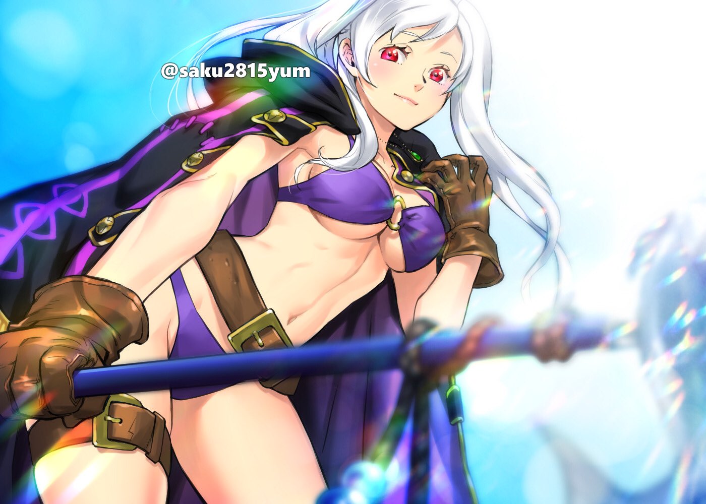 1girl bikini breasts brown_gloves closed_mouth fire_emblem fire_emblem_awakening fire_emblem_heroes gloves holding jewelry long_hair necklace o-ring o-ring_bikini polearm purple_bikini red_eyes robin_(fire_emblem) robin_(fire_emblem)_(female) solo swimsuit thigh_strap tombsakura twintails twitter_username weapon white_hair