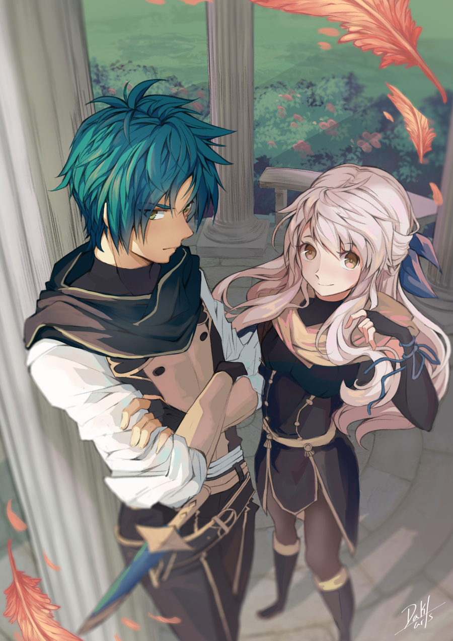 1boy 1girl adapted_costume belt black_gloves black_legwear boots bracelet crossed_arms dakiarts dress elbow_gloves feathers fingerless_gloves fire_emblem fire_emblem:_radiant_dawn fire_emblem:_three_houses from_above garreg_mach_monastery_uniform gloves green_hair hair_ribbon highres indoors jewelry long_hair long_sleeves micaiah_(fire_emblem) orange_eyes pantyhose perspective ribbon scarf sheath side_slit signature silver_hair sleeveless sleeveless_dress smile sothe_(fire_emblem) sword weapon yellow_eyes yellow_scarf