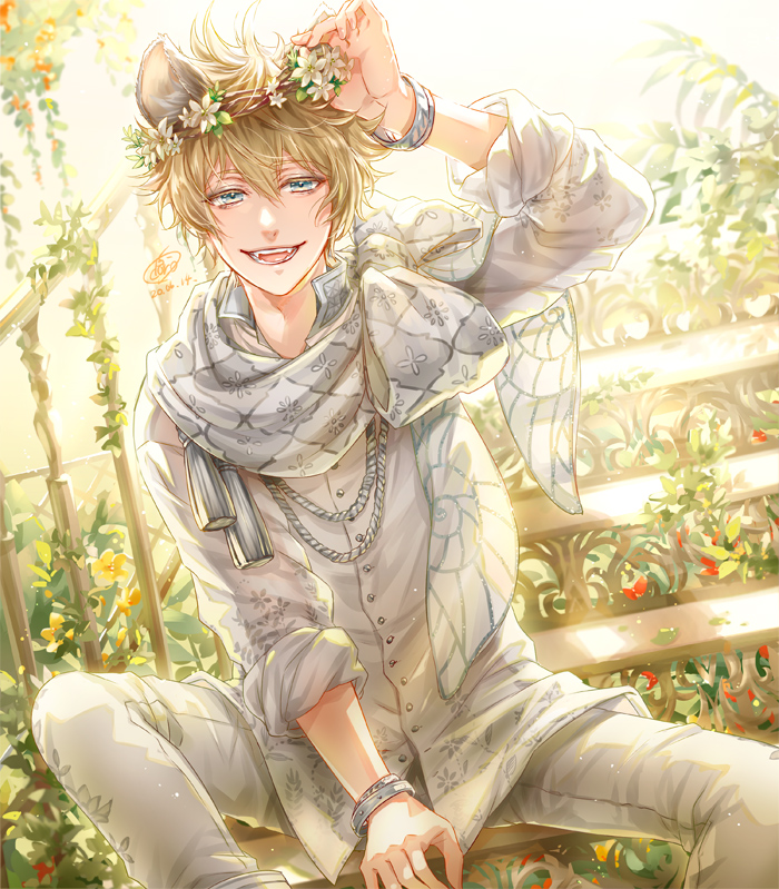 1boy animal_ears arm_support arm_up bangs between_legs blonde_hair blue_eyes bracelet day dr. dress_shirt dutch_angle fangs feet_out_of_frame flower flower_wreath hair_between_eyes hair_flower hair_ornament hand_between_legs hand_on_own_head head_wreath hyena_ears jewelry knee_up long_sleeves looking_at_viewer male_focus pants plant rope ruggie_bucchi scarf shirt sitting sleeves_rolled_up smile solo stairs tassel twisted_wonderland vines white_pants white_shirt