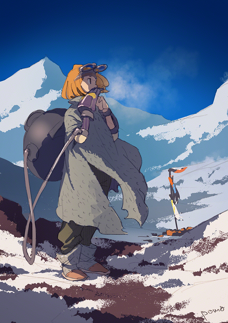 1girl artist_name backpack bag black_eyes boots breath cloak day decadence_(anime) flag full_body goggles hands_up mountain natsume_(decadence) orange_hair outdoors pomodorosa prosthesis prosthetic_arm short_hair snow solo standing visible_air