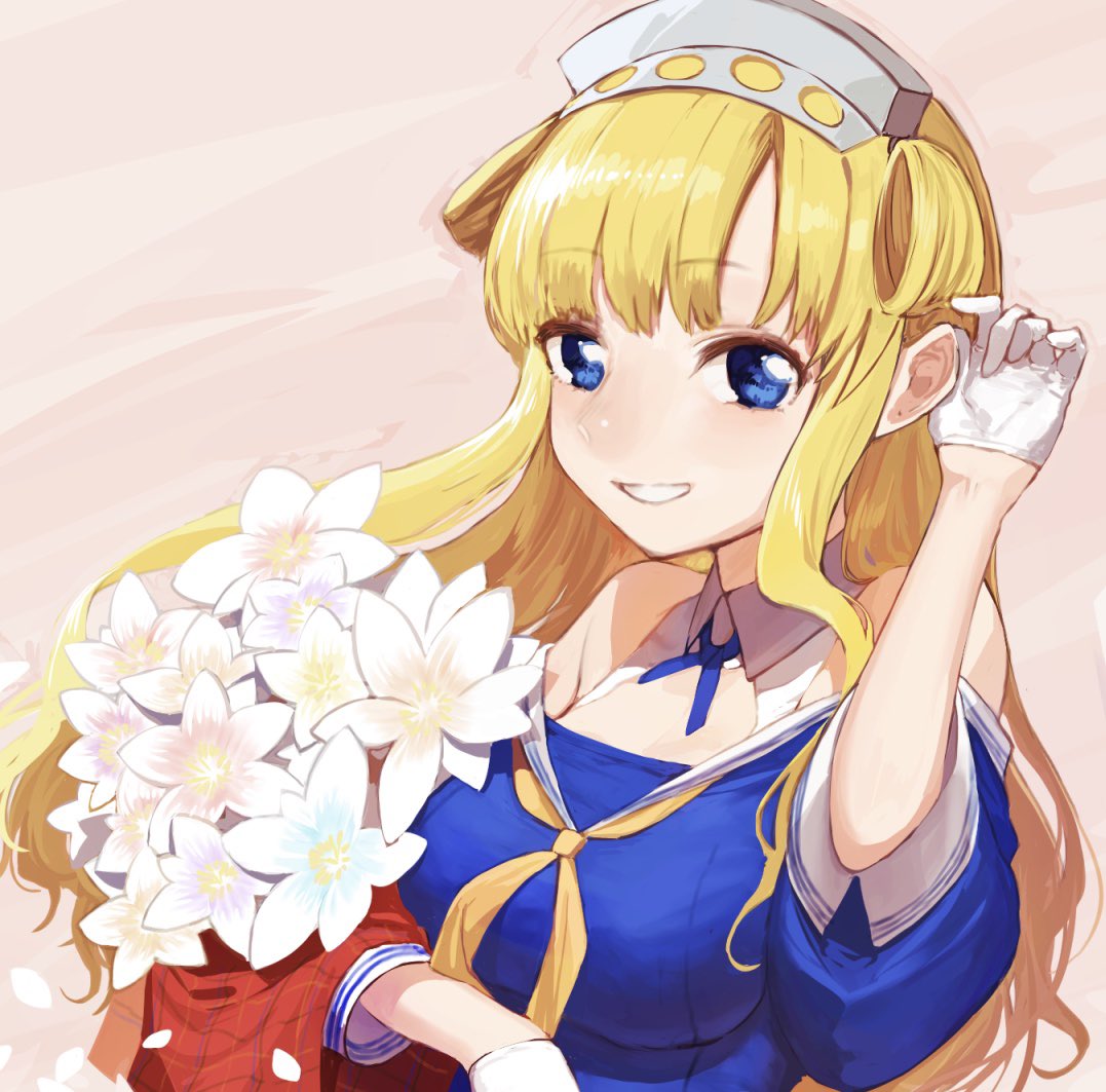 1girl bangs bare_shoulders blonde_hair blue_eyes blue_shirt bouquet breasts double_bun eyebrows_visible_through_hair fletcher_(kantai_collection) flower gloves hairband holding holding_bouquet kantai_collection large_breasts long_hair neckerchief petals pink_background shirt simple_background solo upper_body white_flower white_gloves yellow_neckwear yoshino_ns