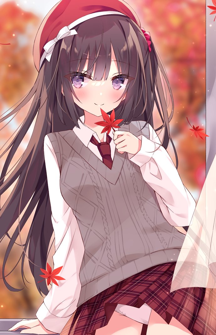 1girl arm_support autumn_leaves bangs beret black_hair blurry blurry_background blush bow breasts closed_mouth collared_shirt commentary cowboy_shot curtains depth_of_field eyebrows_visible_through_hair hair_ornament hair_scrunchie hat hat_bow holding holding_leaf hoshi_(snacherubi) leaf long_hair looking_at_viewer maple_leaf necktie one_side_up original panties plaid plaid_skirt pleated_skirt red_headwear red_neckwear red_scrunchie red_skirt scrunchie shirt skirt small_breasts smile solo standing sweater_vest symbol_commentary transparent underwear very_long_hair violet_eyes white_bow white_panties white_shirt window