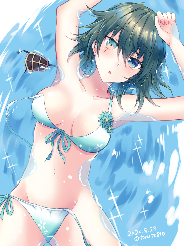 1girl bikini commentary_request cowboy_shot dated eyepatch eyepatch_removed front-tie_top green_eyes green_hair heterochromia kabocha_torute kantai_collection kiso_(kantai_collection) looking_at_viewer partially_submerged short_hair side-tie_bikini single_pauldron solo swimsuit twitter_username untied water white_bikini yellow_eyes