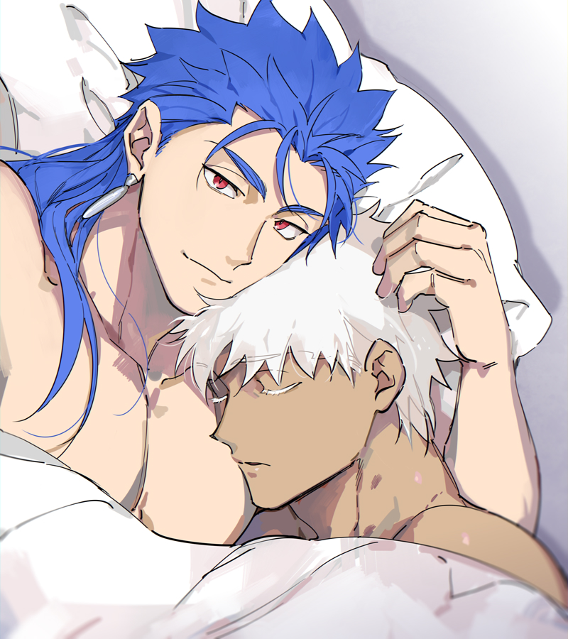 2boys archer blue_hair chest couple cu_chulainn_(fate)_(all) dark_skin dark_skinned_male earrings emya eyebrows_visible_through_hair fate/grand_order fate/stay_night fate_(series) grey_eyes hand_in_another's_hair head_on_chest jewelry lancer long_hair male_focus messy_hair multiple_boys muscle pectorals red_eyes short_hair sleeping white_hair yaoi