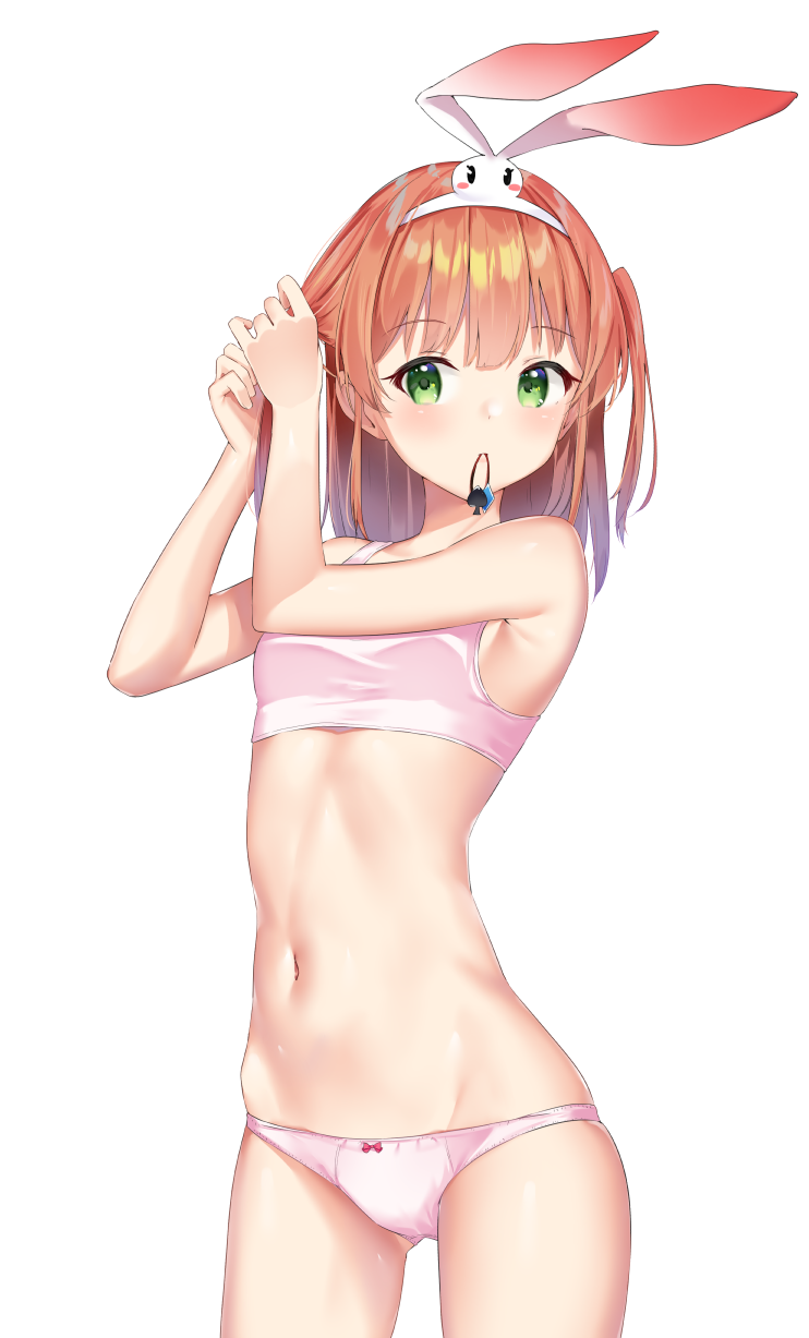 1girl animal_ears arms_up ass_visible_through_thighs bangs bare_arms bare_shoulders blush bow bow_panties bra breasts closed_mouth commentary_request eyebrows_visible_through_hair fake_animal_ears green_eyes groin hair_tie hair_tie_in_mouth hairband highres k_mugura mouth_hold navel panties pink_bra pink_panties princess_connect! princess_connect!_re:dive rabbit_ears rino_(princess_connect!) simple_background small_breasts solo two_side_up tying_hair underwear underwear_only white_background white_hairband