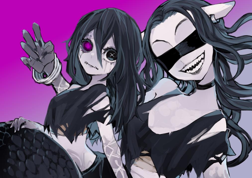 2girls :d :| black_eyes black_hair black_nails blindfold bracelet choker claws closed_mouth crop_top ear_piercing fangs heterochromia identity_v jewelry legendofbaggage long_hair looking_to_the_side multiple_girls open_mouth piercing scales smile snake_tail tail tattoo torn_clothes violet_eyes yidhra