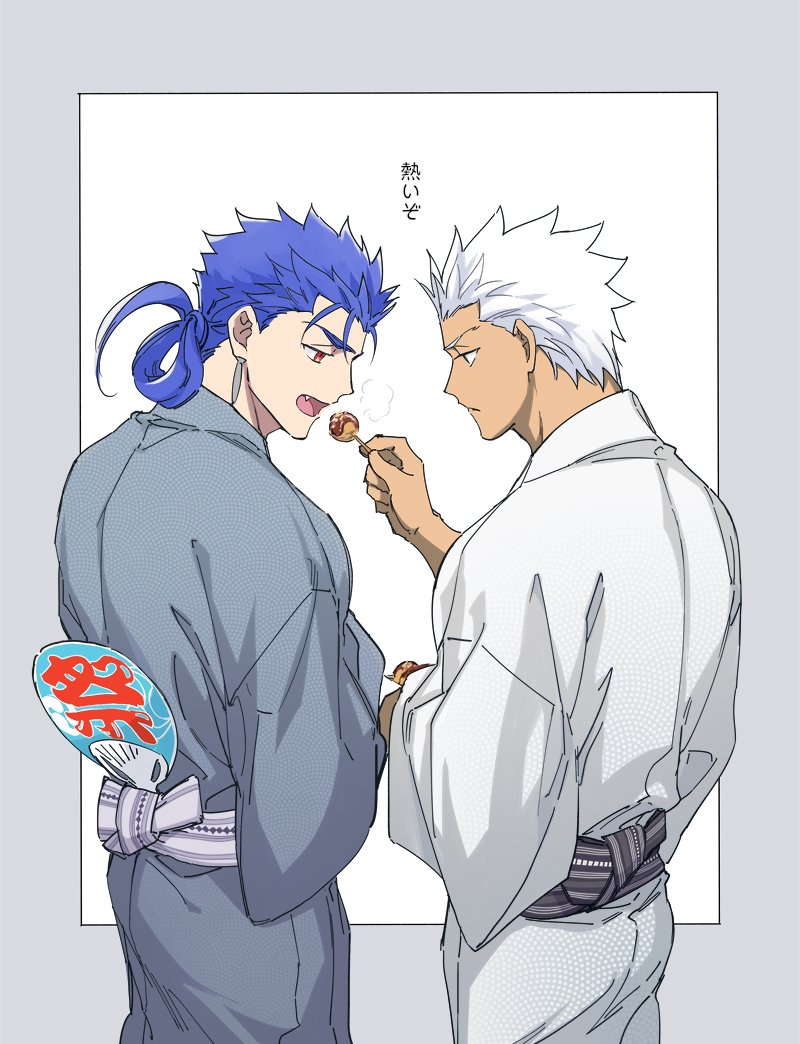 2boys alternate_hairstyle archer blue_hair chest couple cu_chulainn_(fate)_(all) dark_skin dark_skinned_male earrings emya fan fate/grand_order fate/stay_night fate_(series) feeding grey_eyes japanese_clothes jewelry kimono lancer male_focus multiple_boys muscle paper_fan red_eyes short_hair simple_background tied_hair white_hair