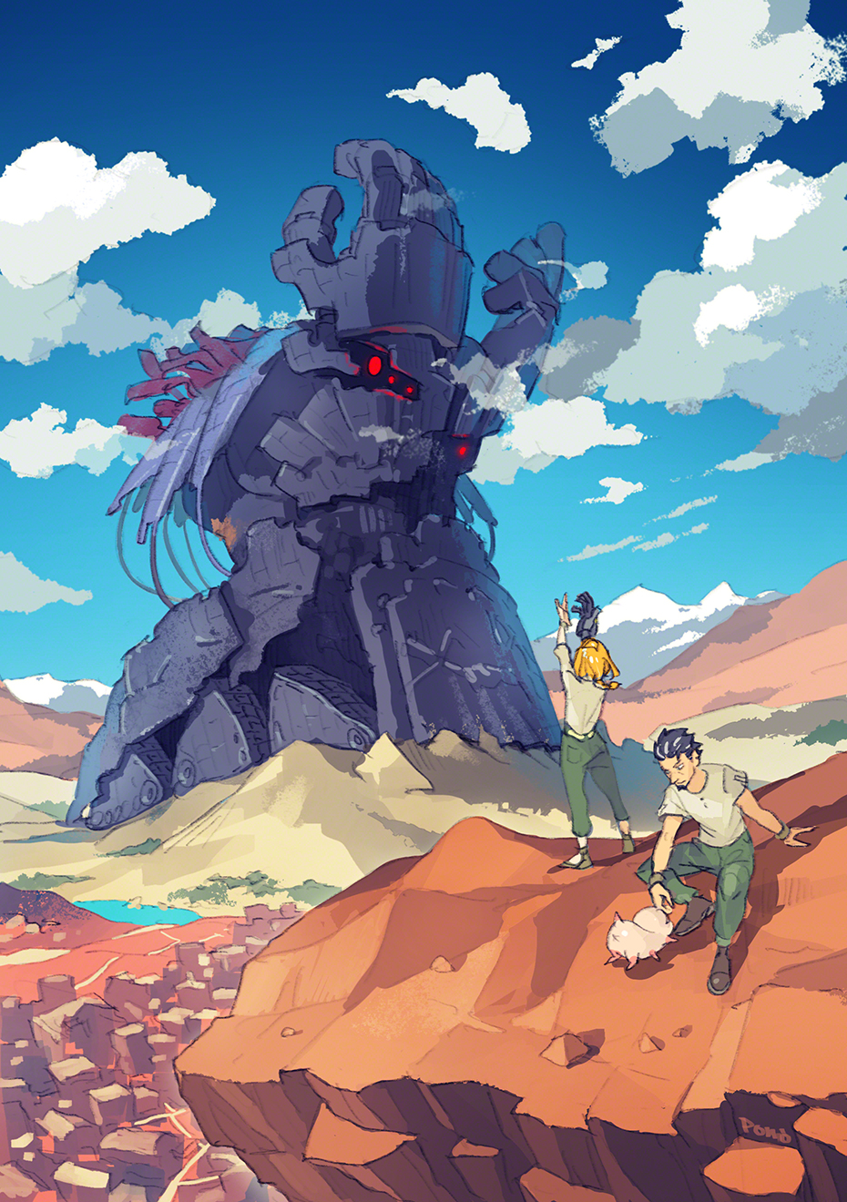 1boy 1girl arms_up black_hair blonde_hair city cliff clouds day decadence_(anime) green_pants highres kaburagi_(decadence) mecha natsume_(decadence) outdoors pants pipe_(decadence) pomodorosa prosthesis prosthetic_arm scenery shirt short_hair short_sleeves standing