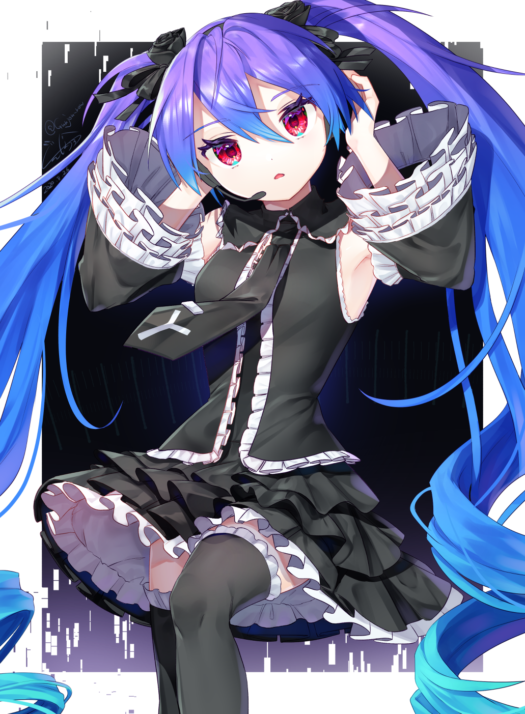 1girl armpits bare_shoulders black_legwear black_neckwear black_shirt black_skirt black_sleeves blue_hair commentary cowboy_shot detached_sleeves drill_hair frilled_legwear frilled_skirt frilled_sleeves frills gothic_lolita gradient_hair gunjou_row hair_ribbon hands_on_own_head hands_up hatsune_miku hatsune_miku_no_gekishou_(vocaloid) headset highres infinity_(module) layered_skirt lolita_fashion long_hair multicolored_hair necktie parted_lips purple_hair red_eyes ribbon shirt skirt sleeveless sleeveless_shirt solo spring_onion_print thigh-highs twin_drills twintails very_long_hair vocaloid zettai_ryouiki